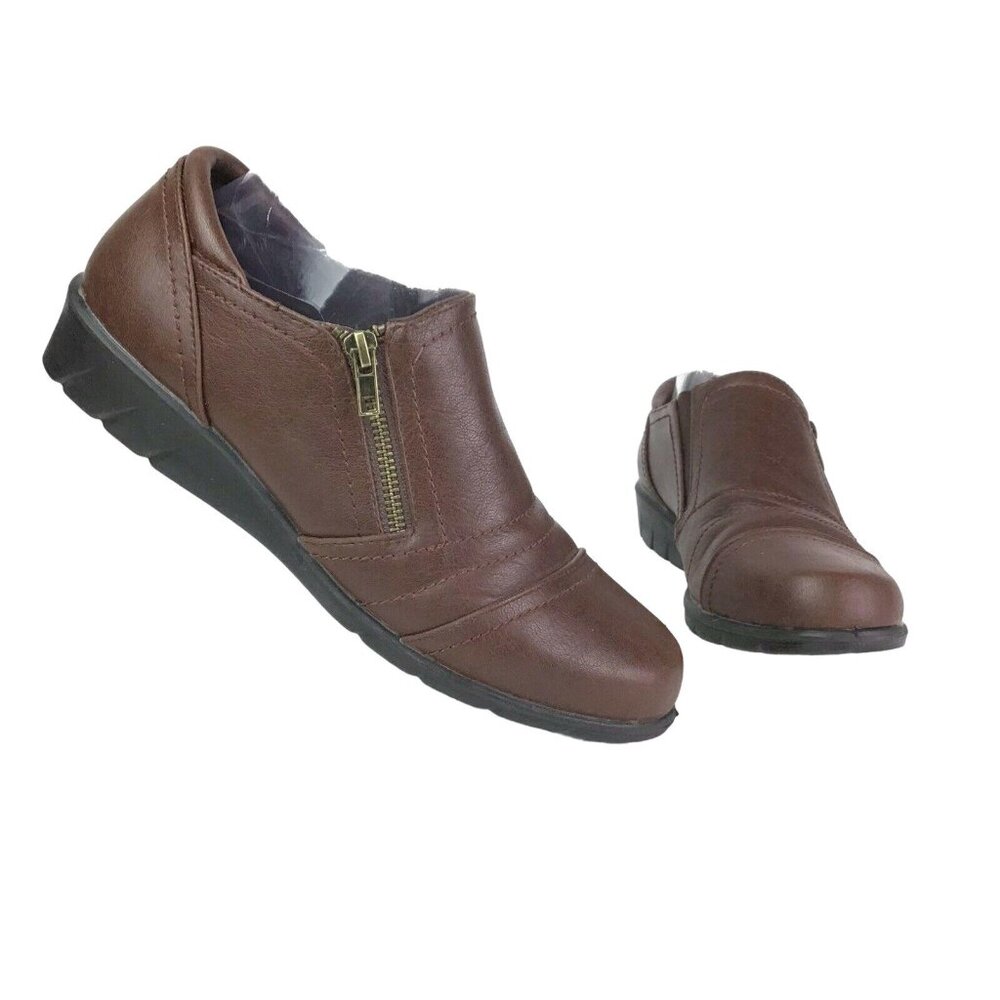 Easy Street Womens 9.5 WW Brown Faux Leather Comfort Wave Loafers Mules Side Zip